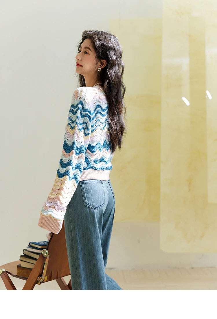 Mishow Color Stripe V-Neck Loose Cardigan MXE16Z1203