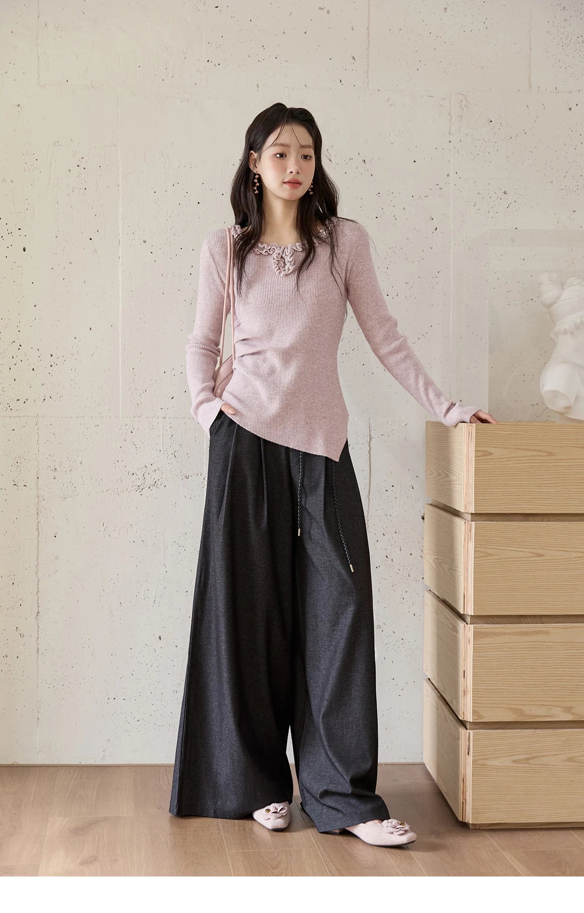 MISHOW Gray Wide-Leg Pants Lace-Up High Waist Slim MXE51K1106
