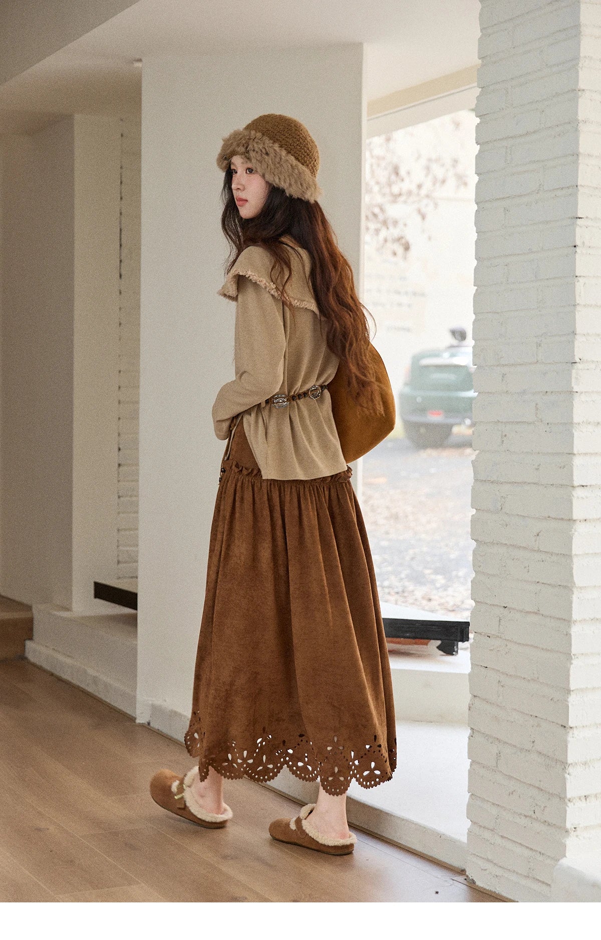 Mishow Retro Brown 3D Flower Decoration Round Neck Top MXE51Z2593