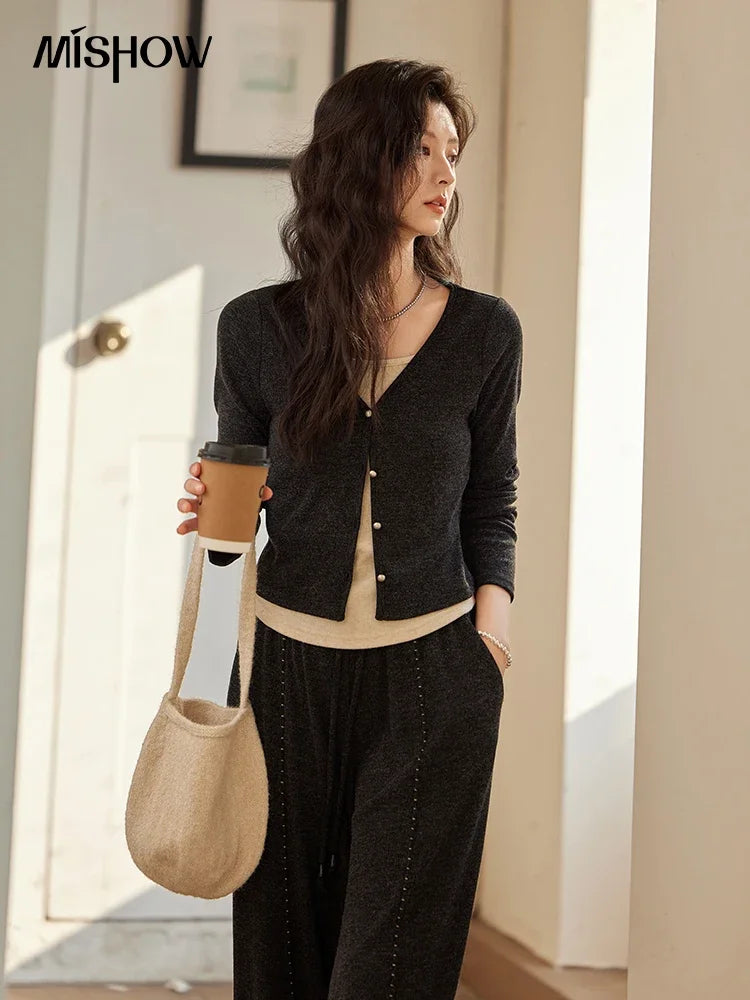 Mishow False Two-Piece Splicing Knit Top & Wide Leg Pants Set MXD35Z0877