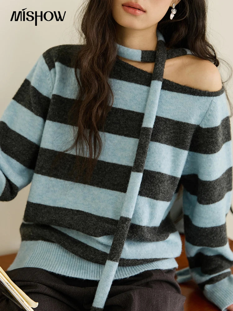 Mishow Blue Gray Slanted Shoulder Ribbon Sweater MXE46Z2540