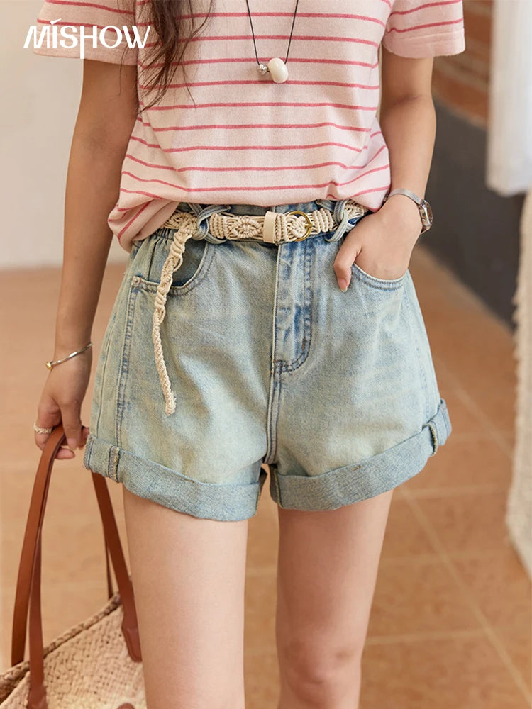 Mishow Retro Light Blue Washed Wide Leg Denim Shorts MXE35K0944