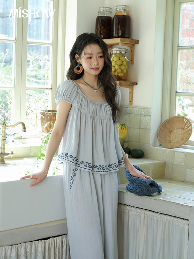 Mishow Embroidery Flower Round Neck Blouse & Pocket Wide Leg Pants Set MXE39T0669