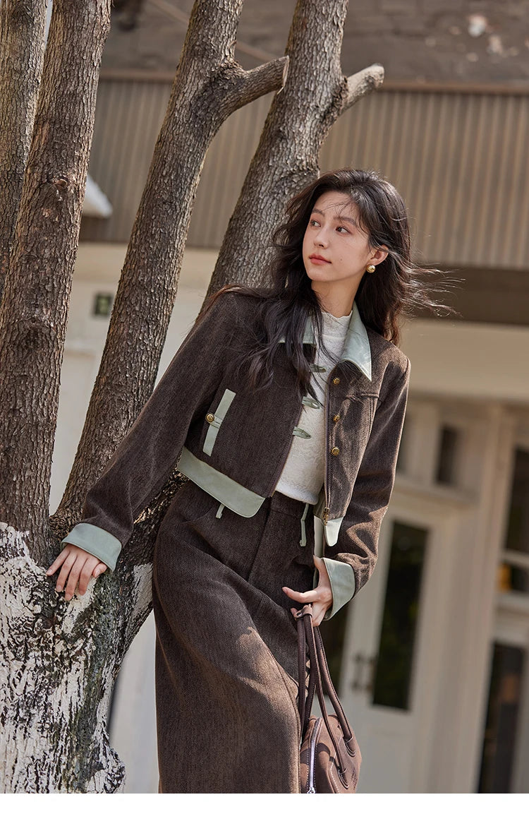 Mishow Fragrant Lapel Jacket & Contrasting Leather Skirt Set MXD43W0444