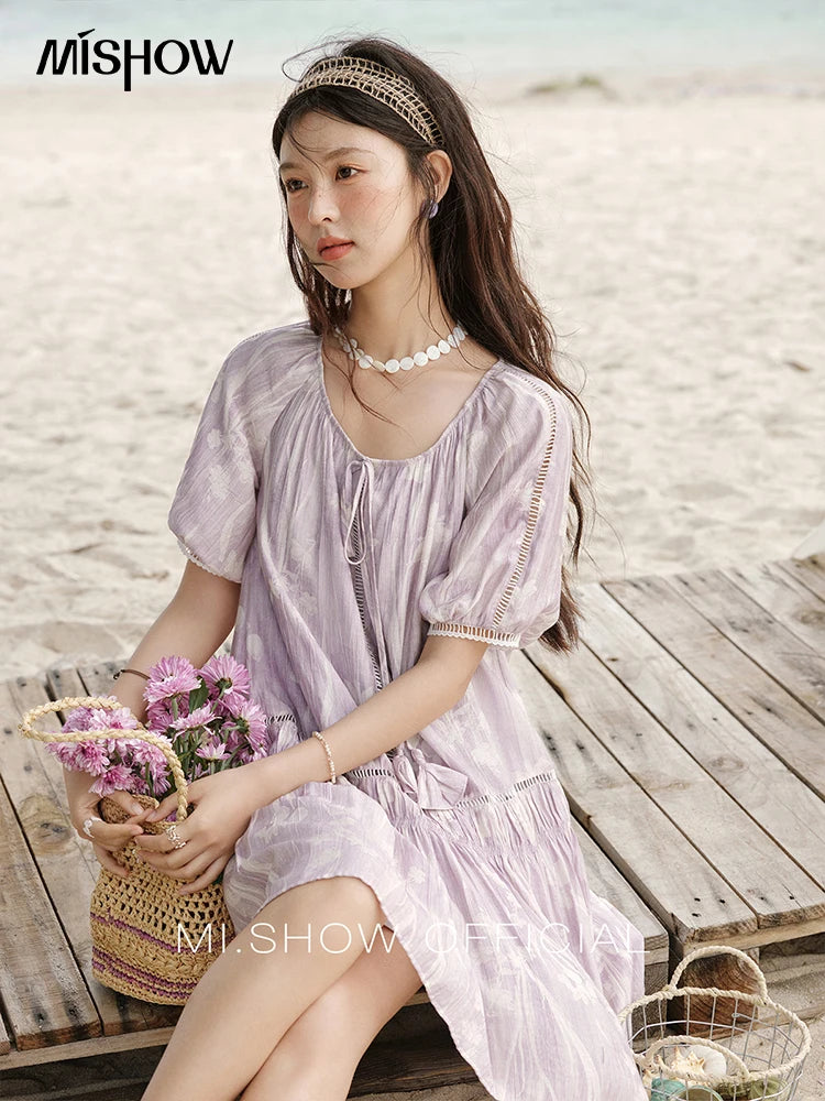 Mishow Print U-Neck Lace Hollow Chiffon Dress MXE32L2164
