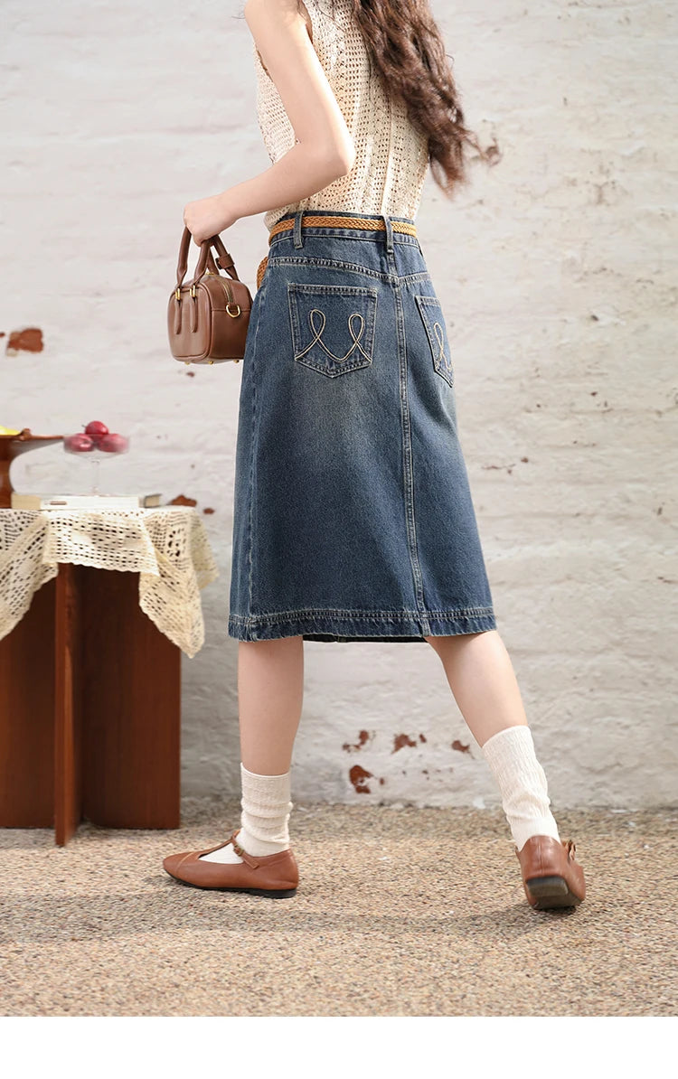 MISHOW Denim Fishtail Skirt Love Embroidered Pockets A-Line MXD28B0414