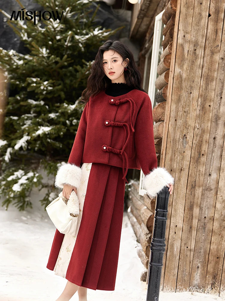 Mishow Tweed Jacket with Removable Fur Collar & Pleated Skirt Set MXD59W0609