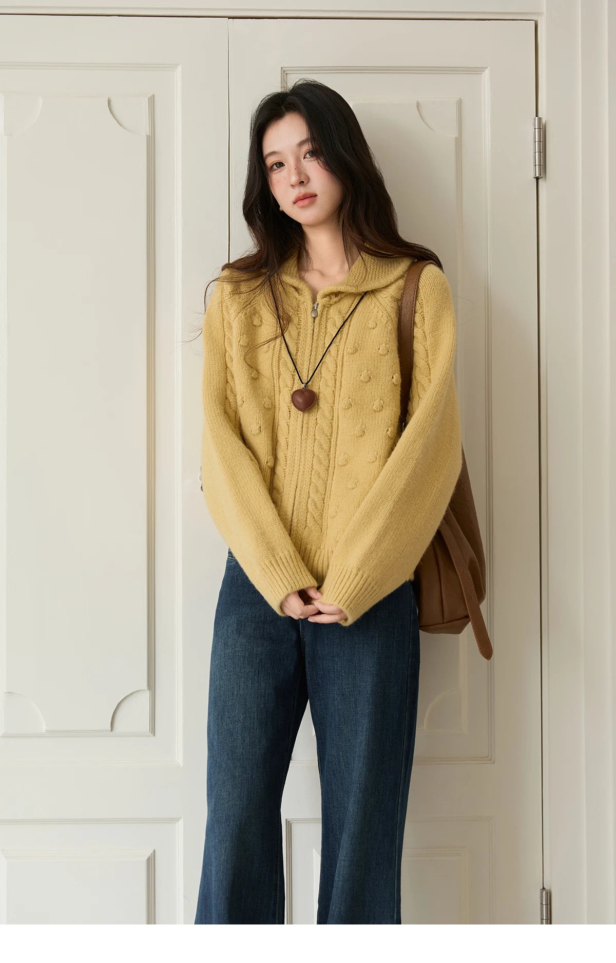 Mishow Yellow Zipper Turn-Down Collar Cardigan MXE49Z2619