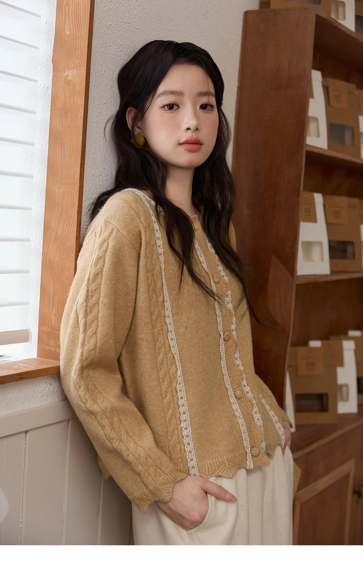 Mishow Yellow Lace Stitching Cable Knit Cardigan MXE51Z2546