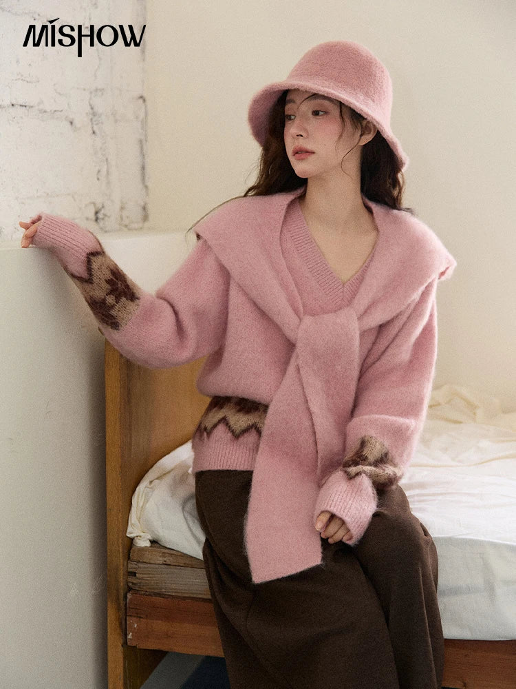 Mishow Retro Geometric V-Neck Knit Sweater with Shawl MXE86Z2654