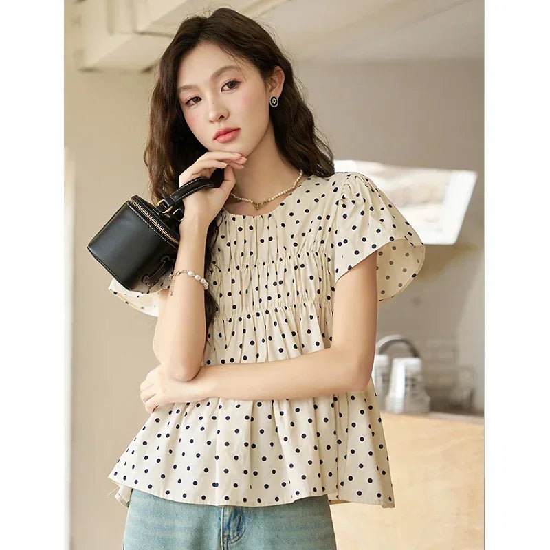 MISHOW Polka Dot Blouse Flying Sleeve O Neck Elastic Folds MXC39X1291