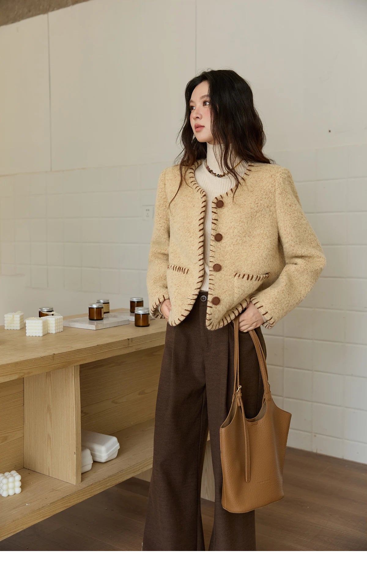 Mishow Apricot Round Neck Wool Blend Coat MXE88W0885