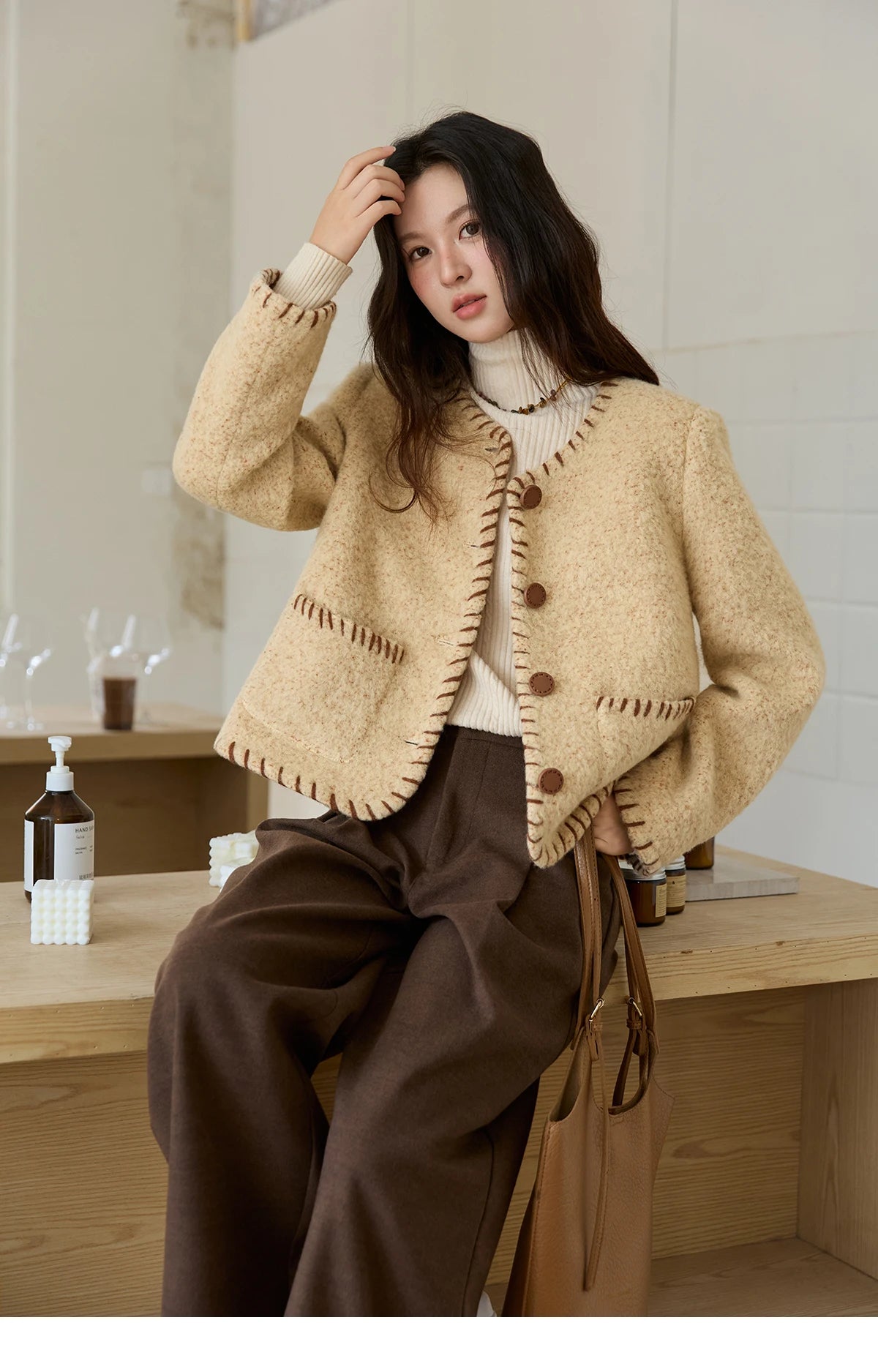 Mishow Apricot Round Neck Wool Blend Coat MXE88W0885