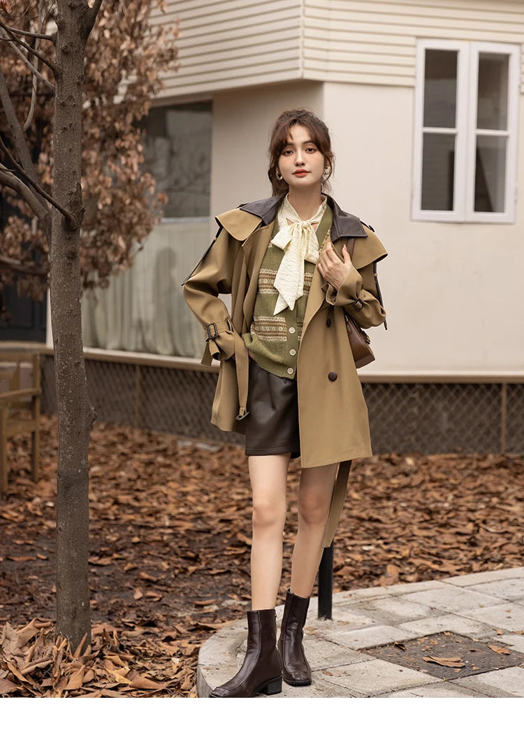 Mishow Polo Collar Patchwork Long Trench Coat MXB33W0399
