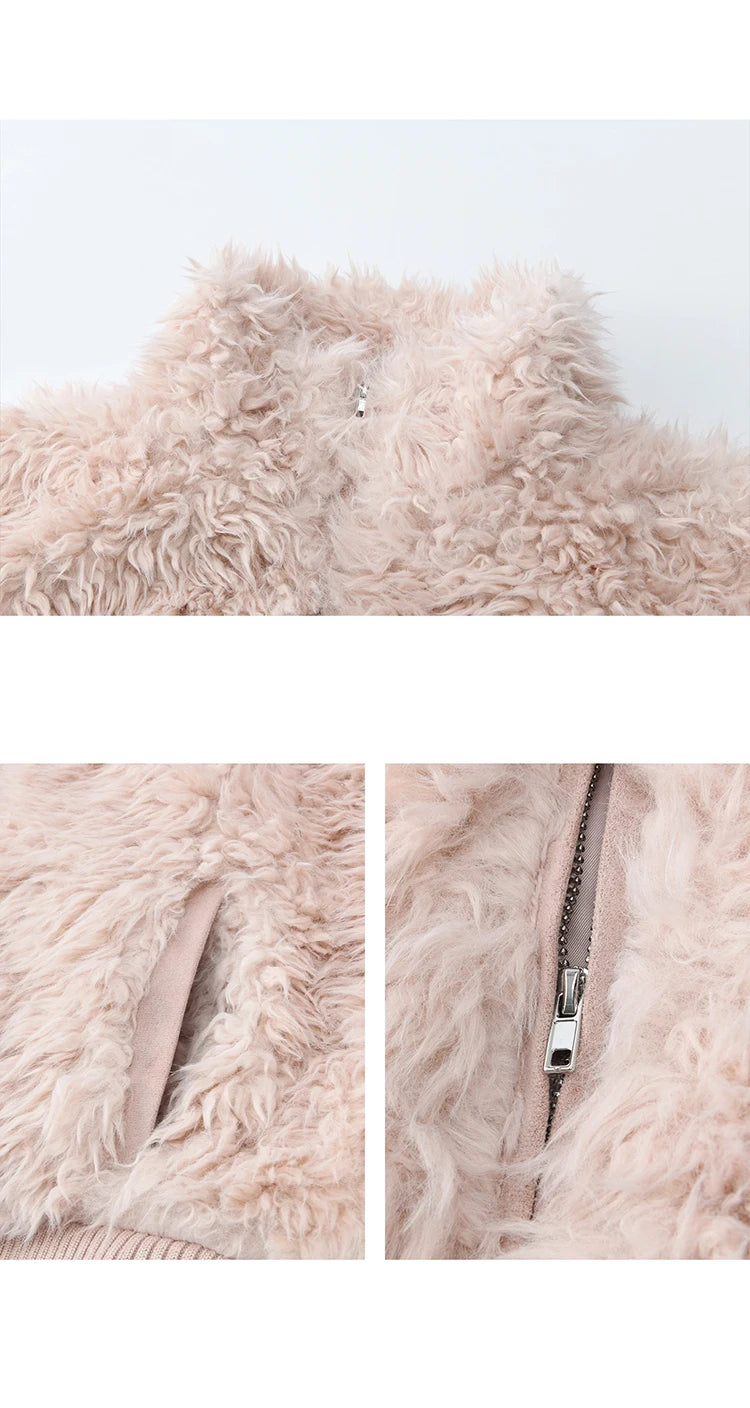 Mishow Pink Stand Collar Faux Lamb Wool Coat MXE91W0974