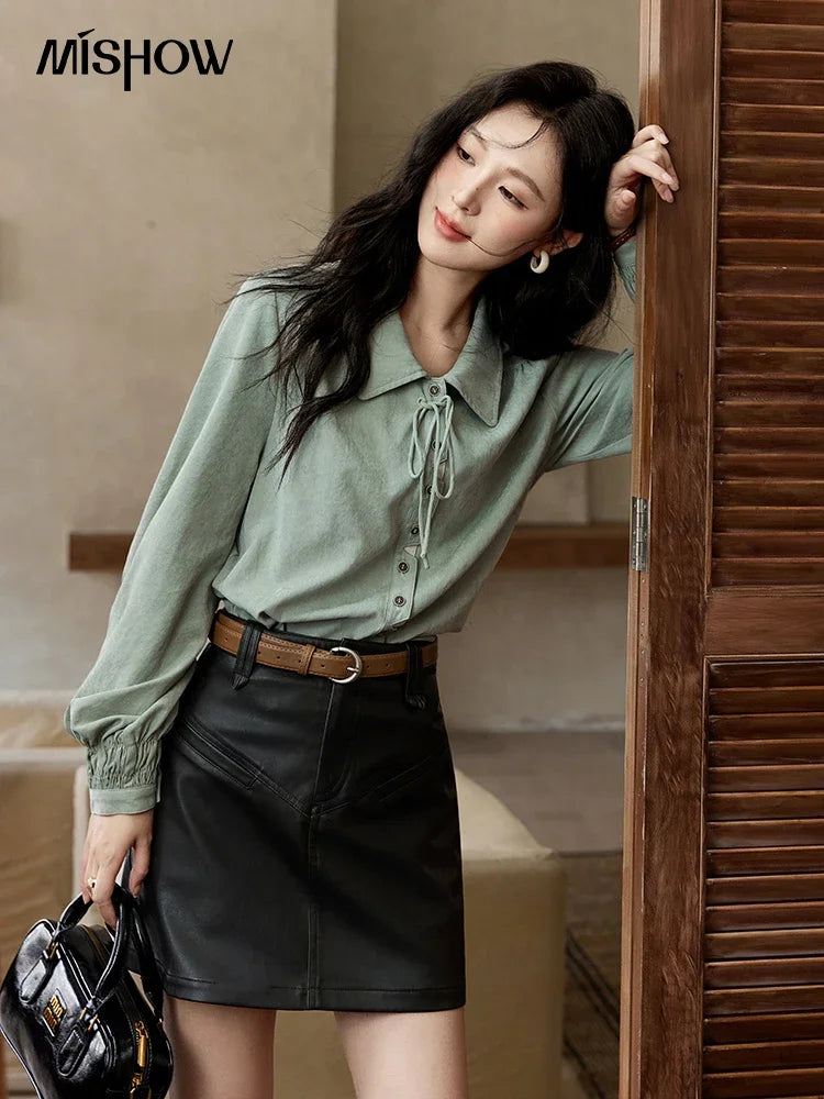 MISHOW Vintage Green Blouse Bow Lace-Up Lantern Sleeve MXD44C0337