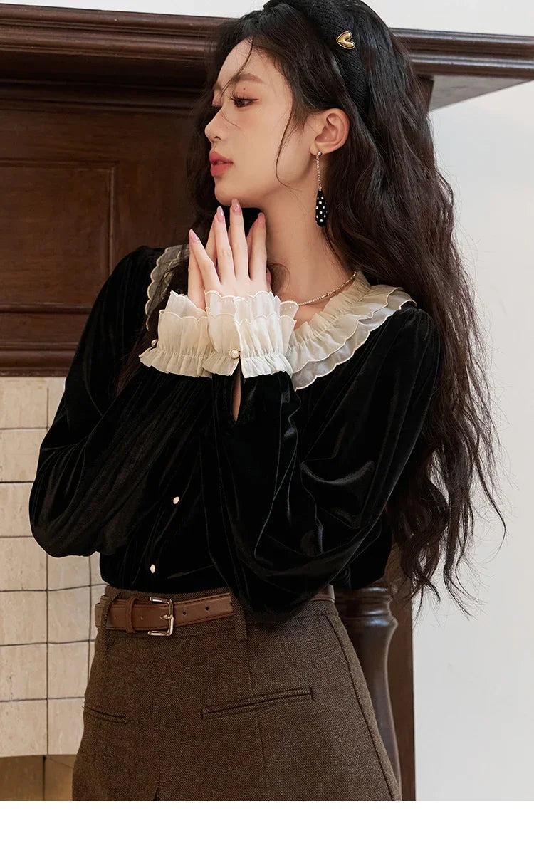 MISHOW French Retro Velvet Blouse Button Down O Neck MXC51X1323