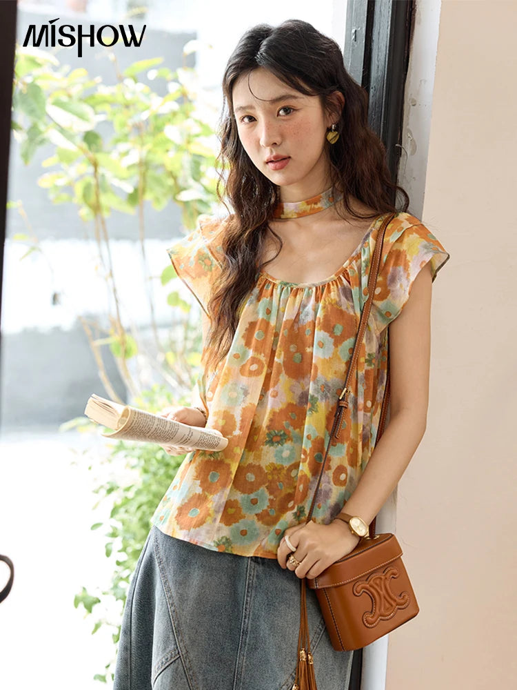 MISHOW Cotton Citrus Oil Painting Blouse Flying Sleeve MXE36X1872