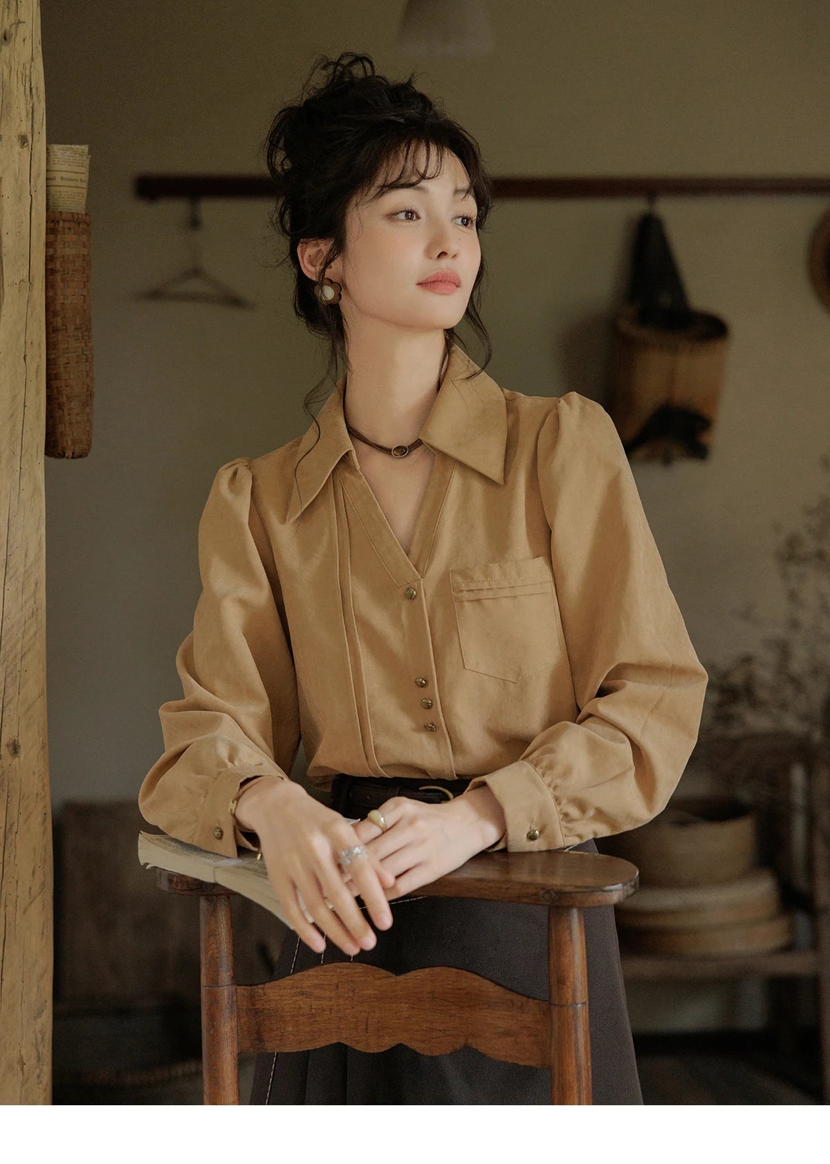 MISHOW French Lapel V-Neck Shirt Retro Button Pockets MXD43C0306