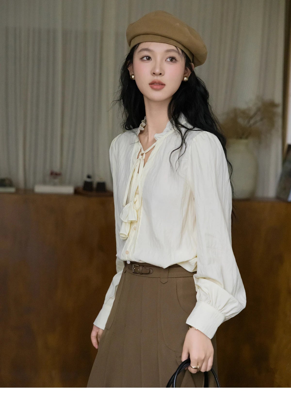 MISHOW Flower Bud Tie Lyocell Shirt V-Neck Long Sleeve MXD42X1640