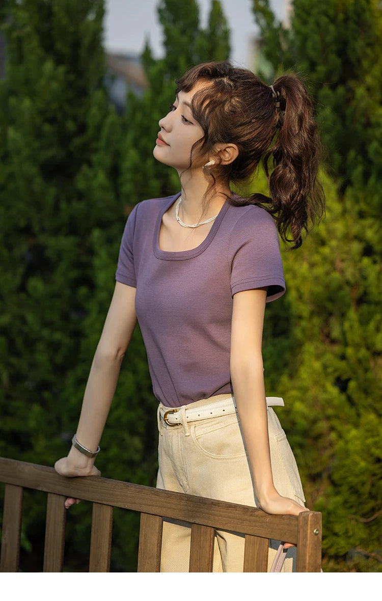Mishow Solid Square Neck Cotton Tee MXC12T0641