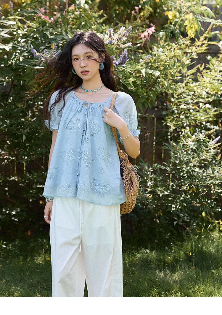 MISHOW Embroidered Flower Shirt Puff Sleeve Round Neck MXE39X1922