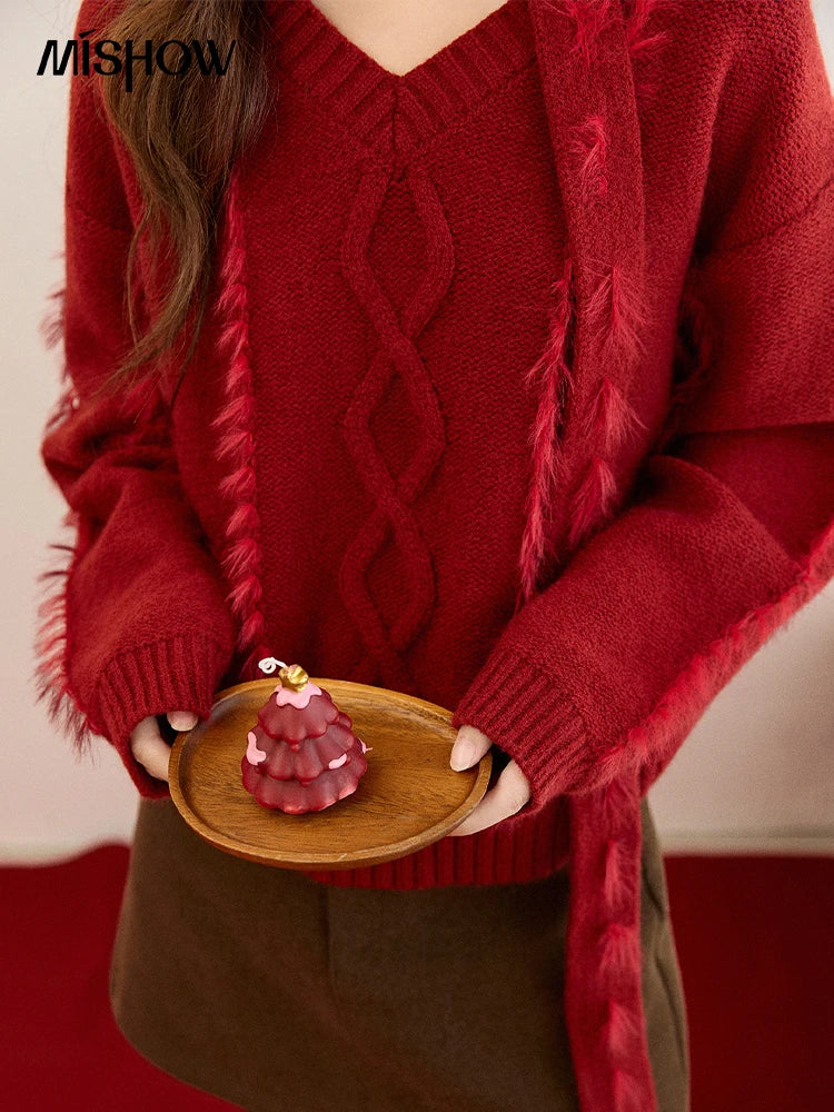 Mishow Burgundy Christmas Mink Fur Tassel Sweater MXE93Z2809