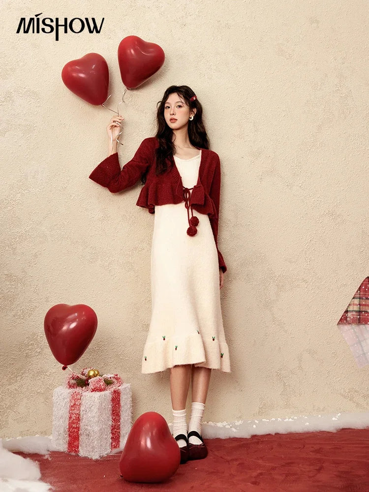 Mishow Pom-Pom Lace-Up Cardigan & Ruffle Strap Dress Set MXD59L2133