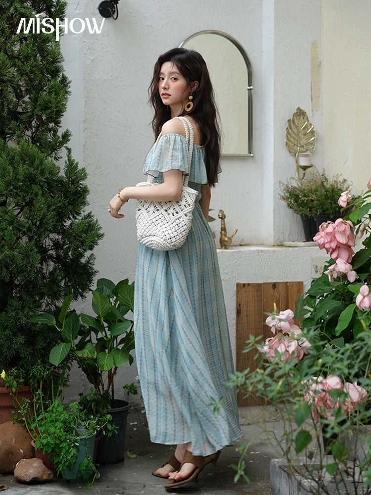 Mishow French Slash Neck Striped Chiffon Dress MXE39L2380