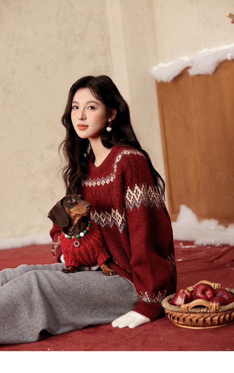 Mishow Red Fair Isle Raglan Sleeve Sweater MXD58Z1035