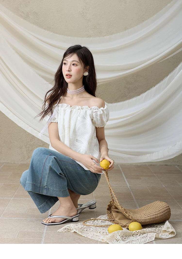 MISHOW Slash Neck Lace Blouse Short Sleeve Solid MXE35X1775