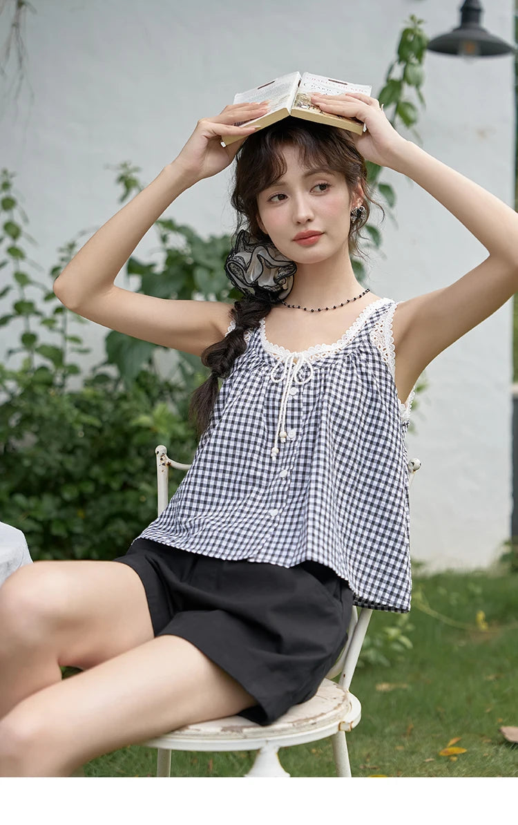 MISHOW Lace Plaid Suspender Vest U Neck Sleeveless MXD26X1567