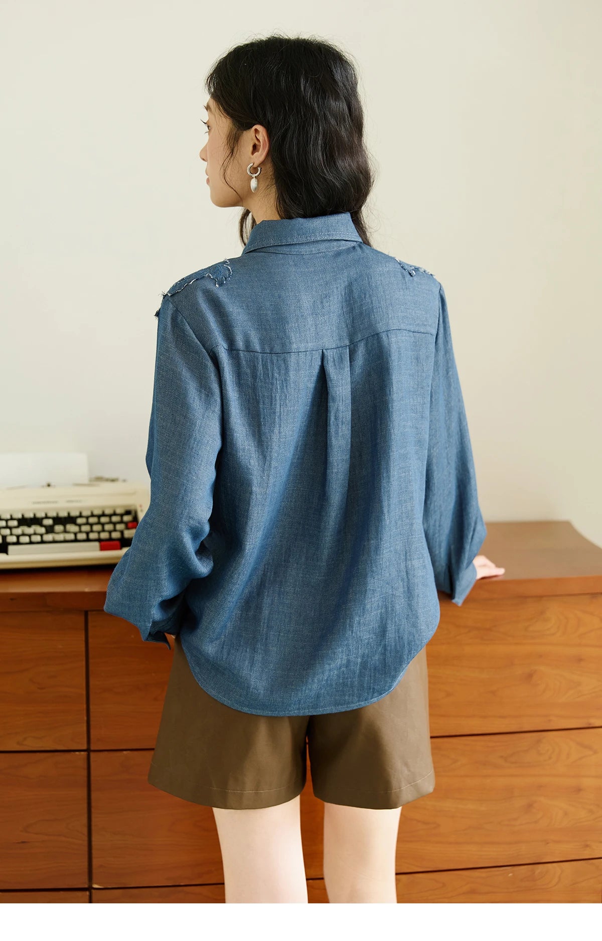 MISHOW Blue Shirt Hollowed Out Patchwork Embroidery Imitation Denim MXE46C2410