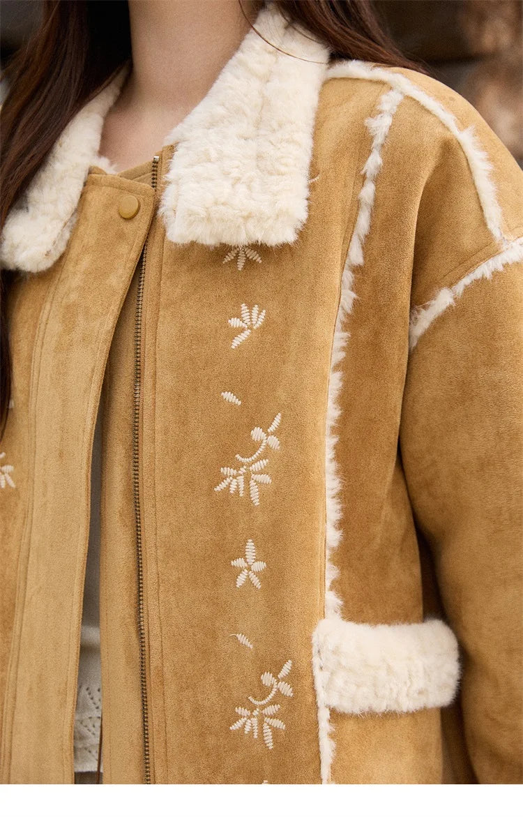 MISHOW Floral Embroidered Fur Jacket Plush Lapel Zipper MXE87W0918