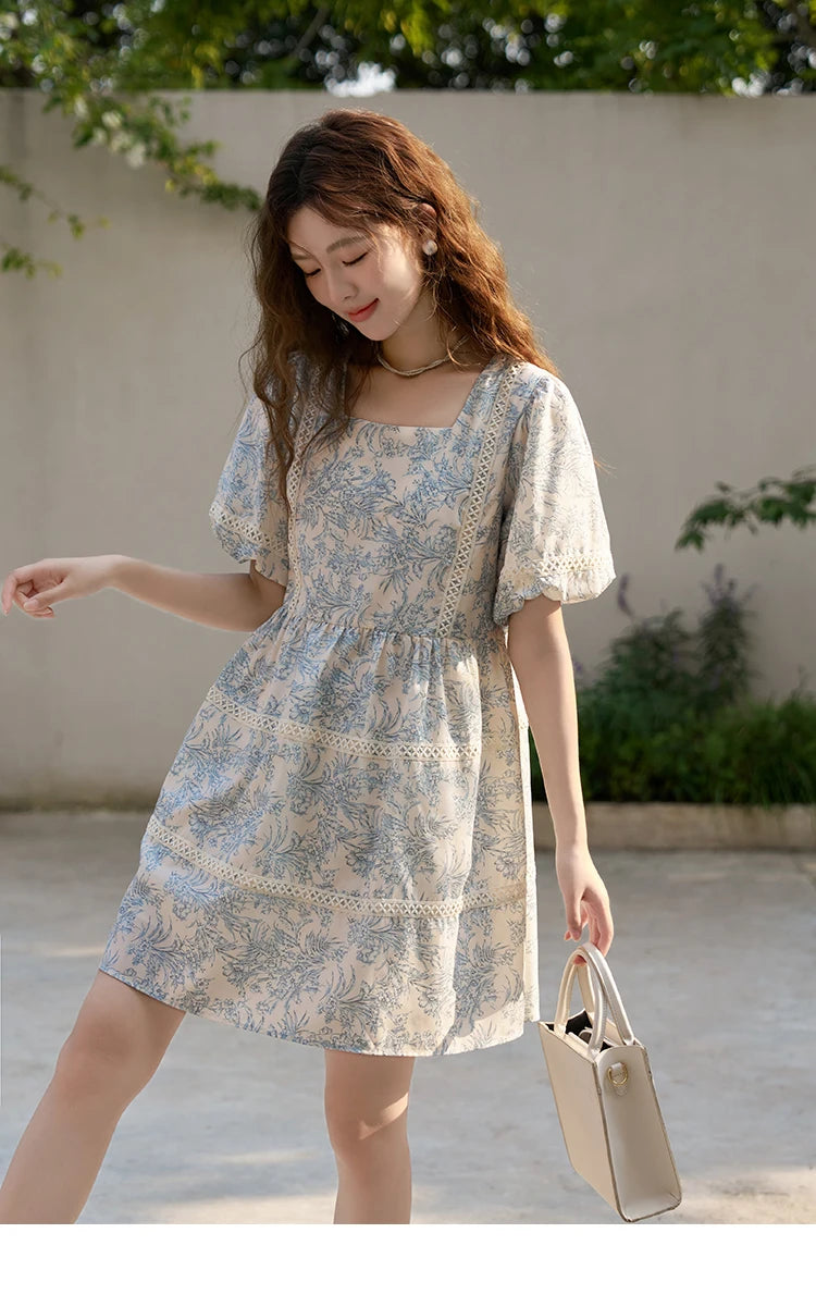 Mishow Square Collar Blue Floral Puff Sleeve Dress MXC38L1520
