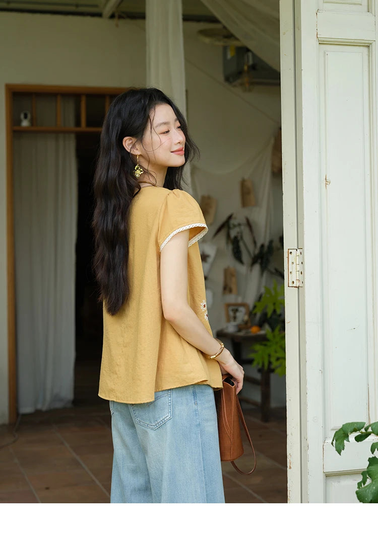 MISHOW Embroidery Flower Blouse O-Neck Lace Up Flying Sleeve MXE39X1880