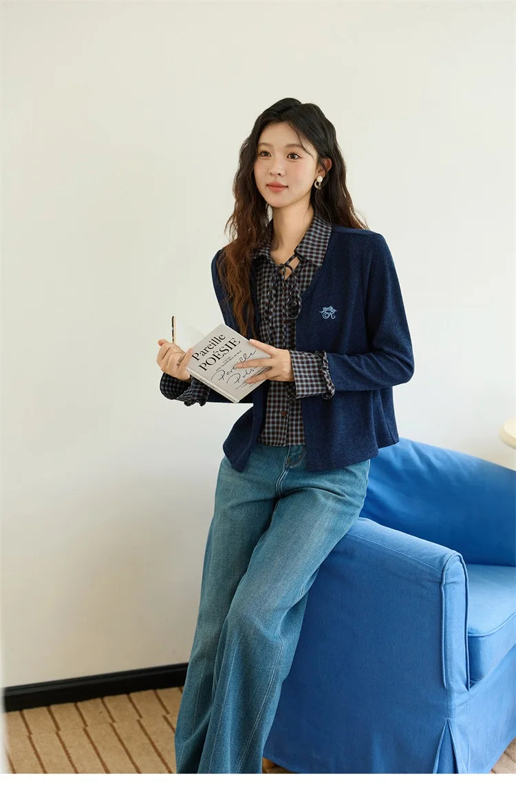 MISHOW Fake Two Knitted Sweater Plaid Splicing Flare Sleeve MXE45Z1401