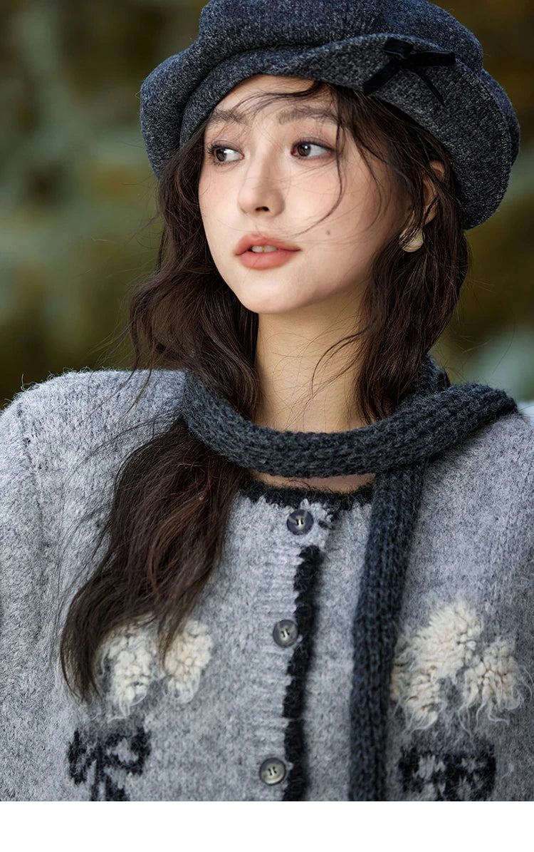 Mishow Wool Blend Bouquet Embroidery Color Clash Cardigan MXD54Z0951