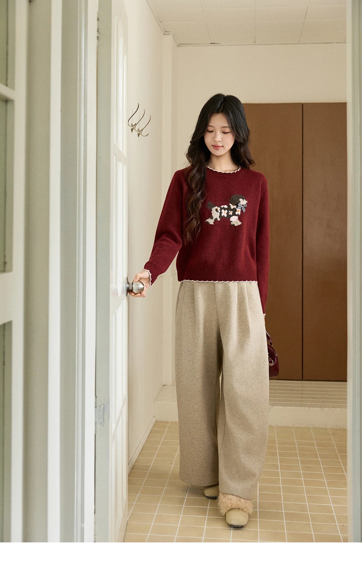 Mishow Burgundy Poodle Pattern Ruffled Trim Pullover MXE93Z2949