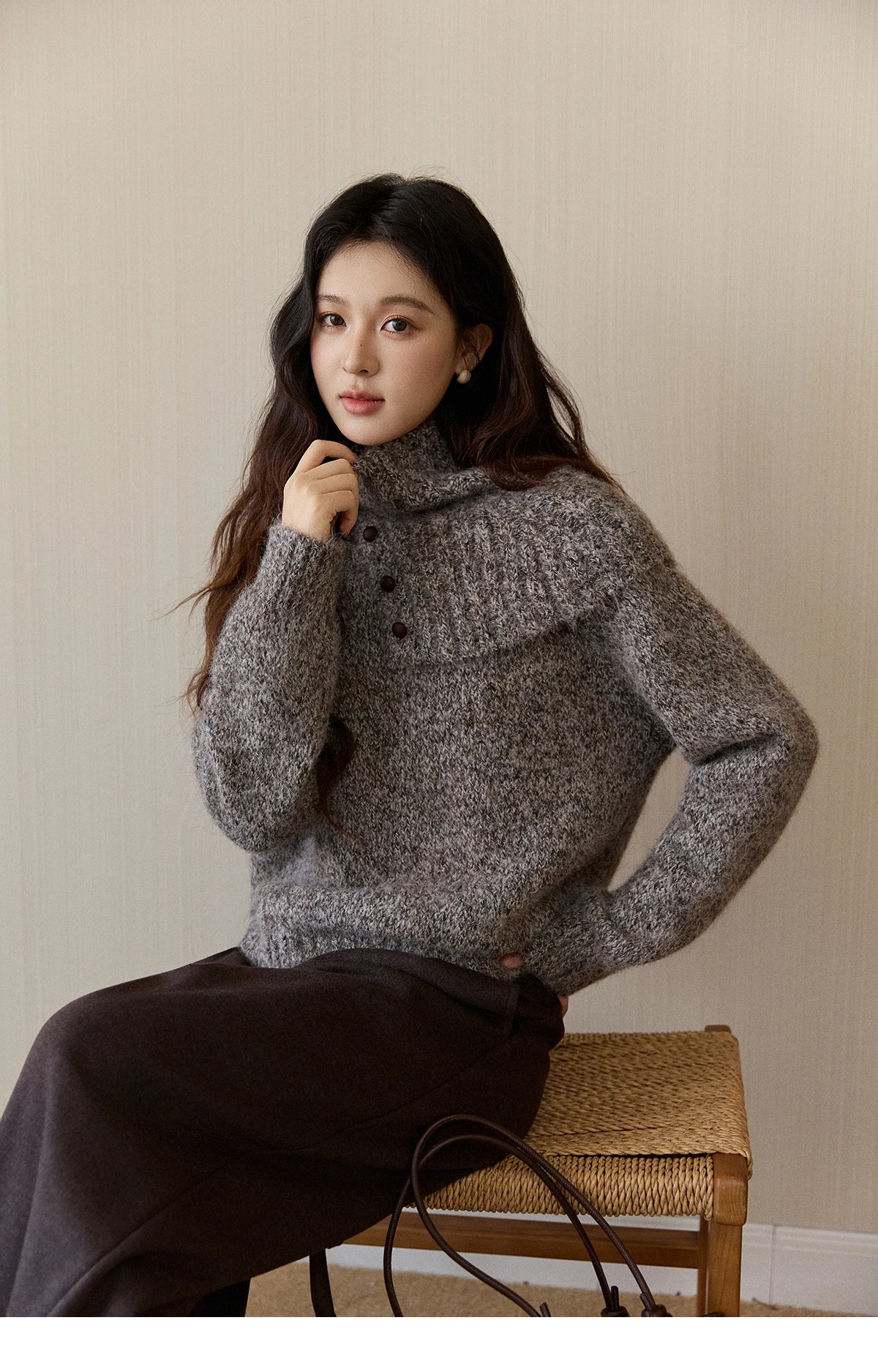 Mishow Gray Textured Button Sweater with Neckwear Scarf MXE94Z2978