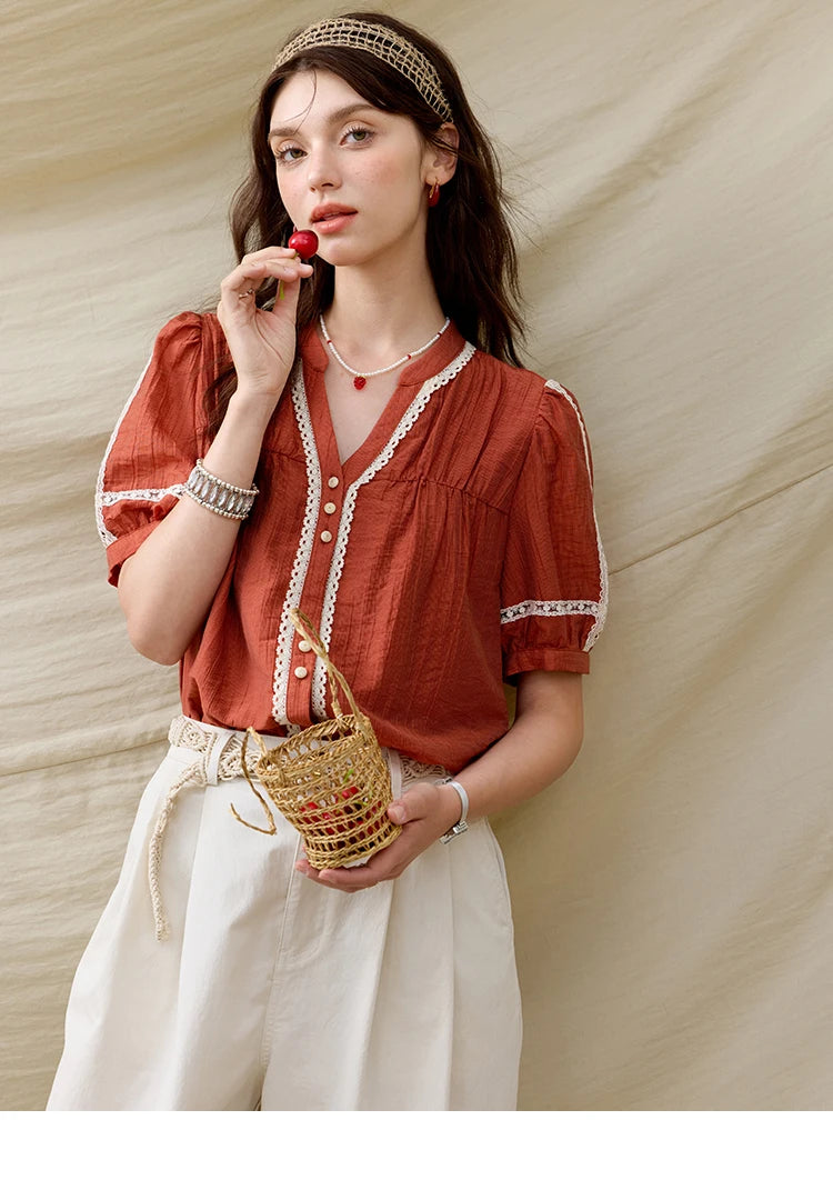 MISHOW French Blouse Women V-Neck Short Sleeve Color Matching Shirt MXE31X1766