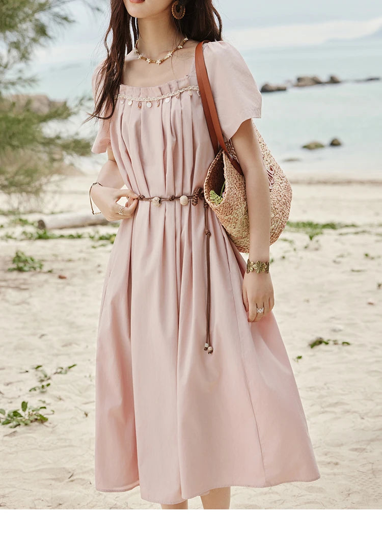 Mishow Bohemian Pink Square Collar Belt Dress MXE33L2158