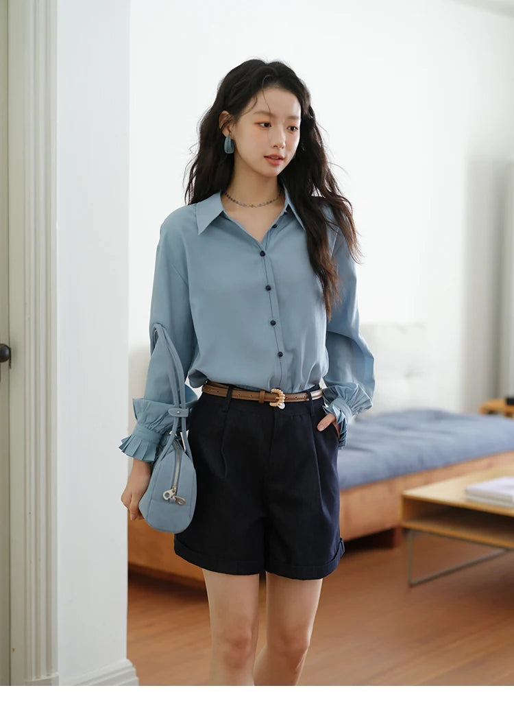 MISHOW Women's Color Block Shirt Pleated Cuffs Lapel Top MXE41C2352