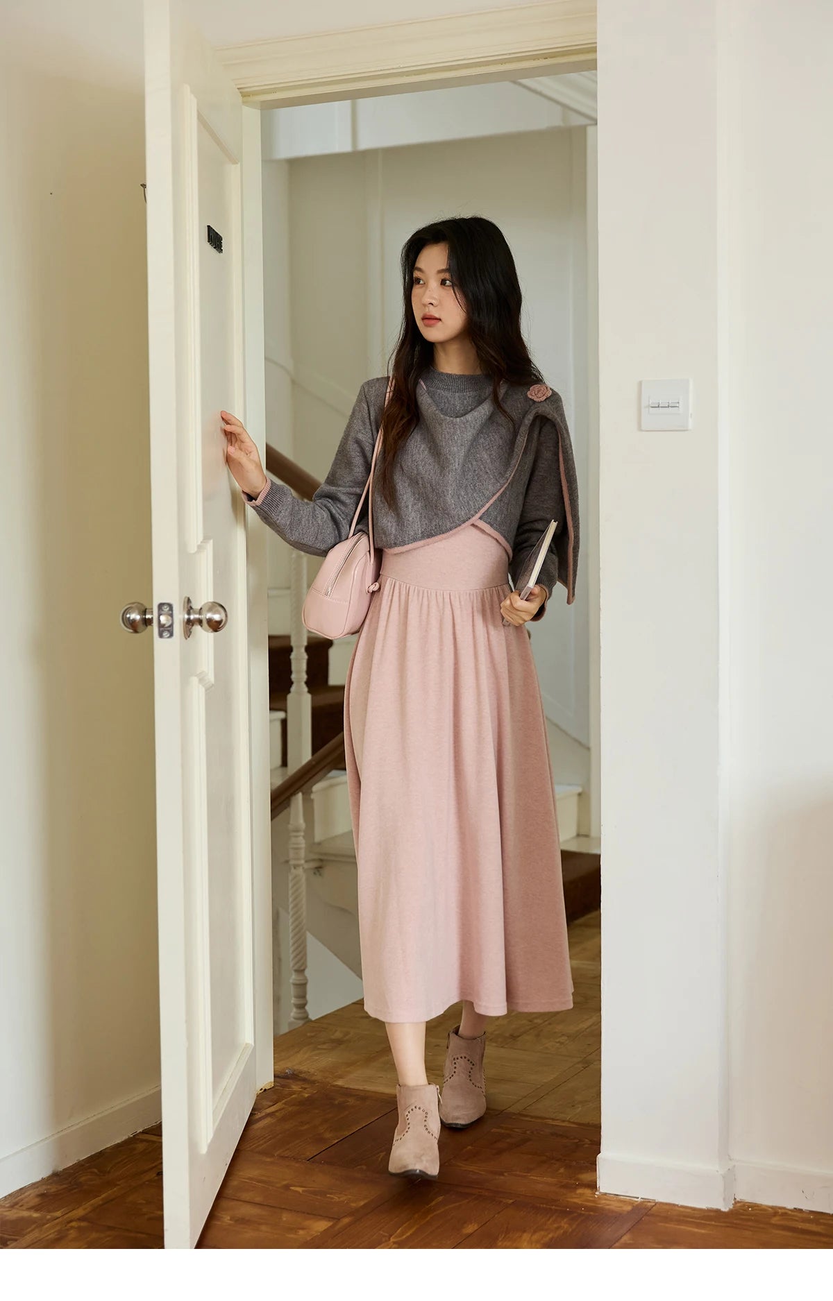 Mishow Pink Irregular Round Neck Top & Suspender Dress Set MXE49T1397