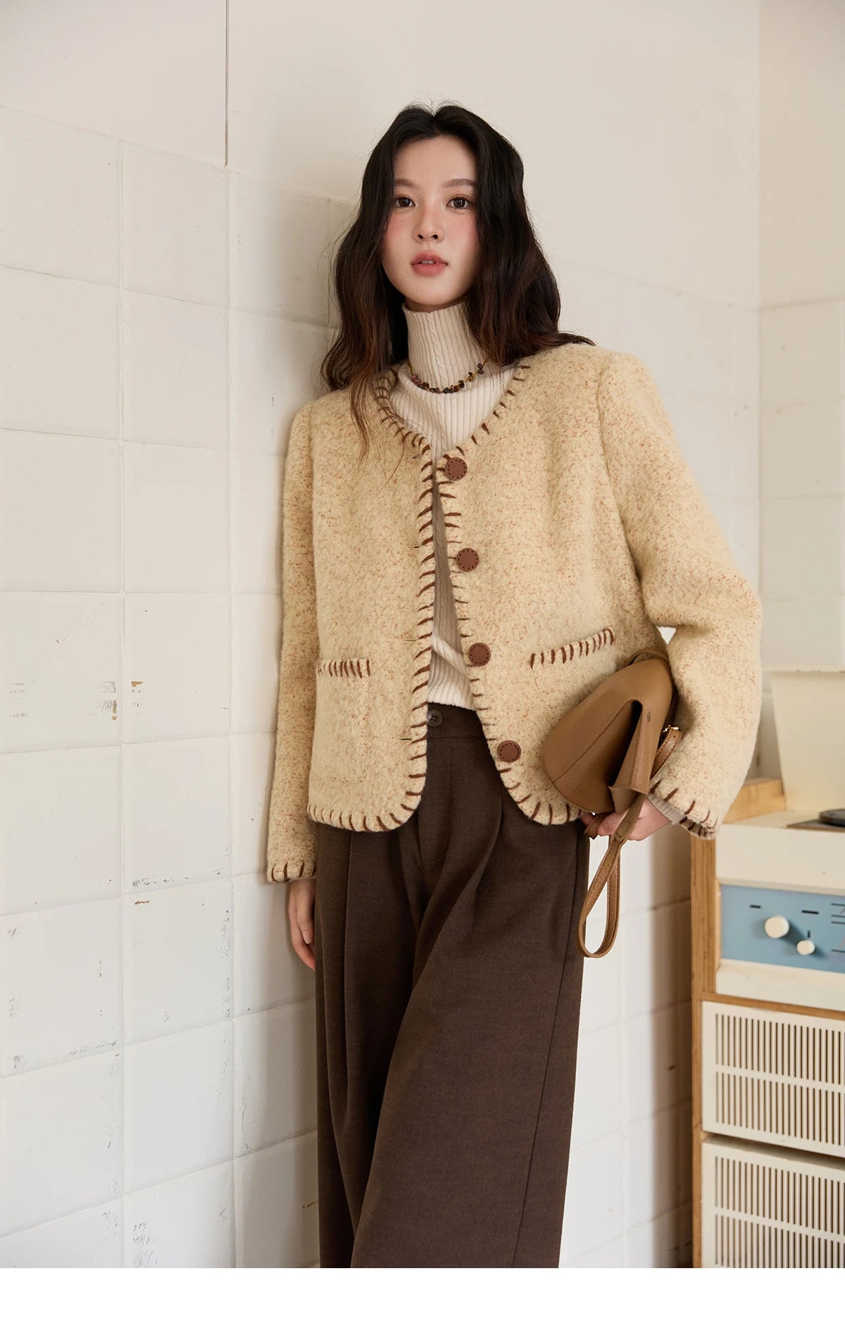 Mishow Apricot Round Neck Wool Blend Coat MXE88W0885