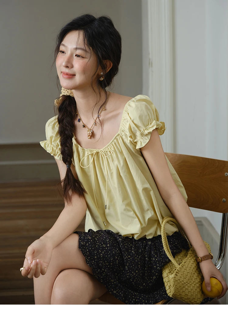 MISHOW Cotton Blouse Puff Sleeve Lace Up O-Neck MXE37X1893