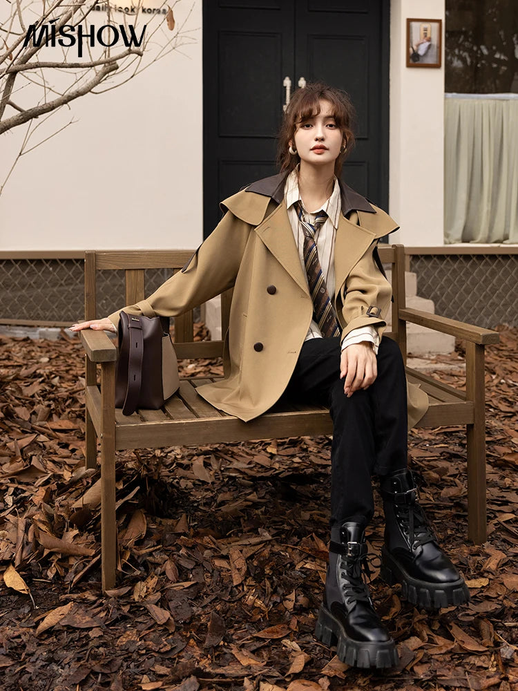 Mishow Polo Collar Patchwork Long Trench Coat MXB33W0399