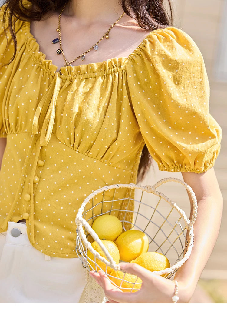 MISHOW Yellow Polka Dot One Shoulder Blouse Back Elastic Lace-Up MXE35X1840