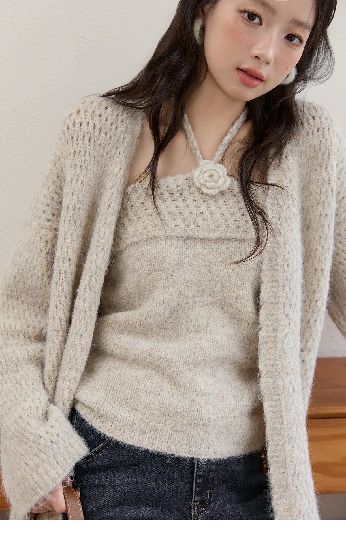 Mishow Apricot Knitted Halter & Cardigan Two-Piece Set MXE51T1424