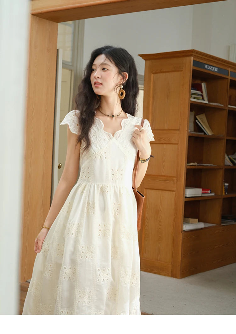 Mishow Flying Sleeve V-Neck Hollow Embroidered Dress MXE39L2404